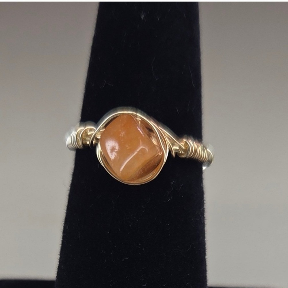 Orange Carnelian Wire Wrapped Ring Gold & Silver Two Tone Bohemian Size 0402